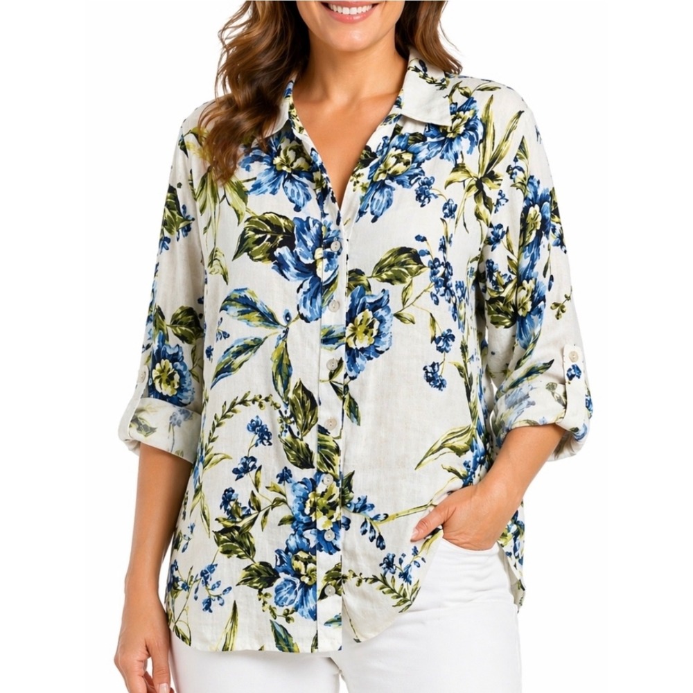 Joie Linen Floral Button Up Shirt Womens 1X White Blue Coastal Roll Tab Sleeve